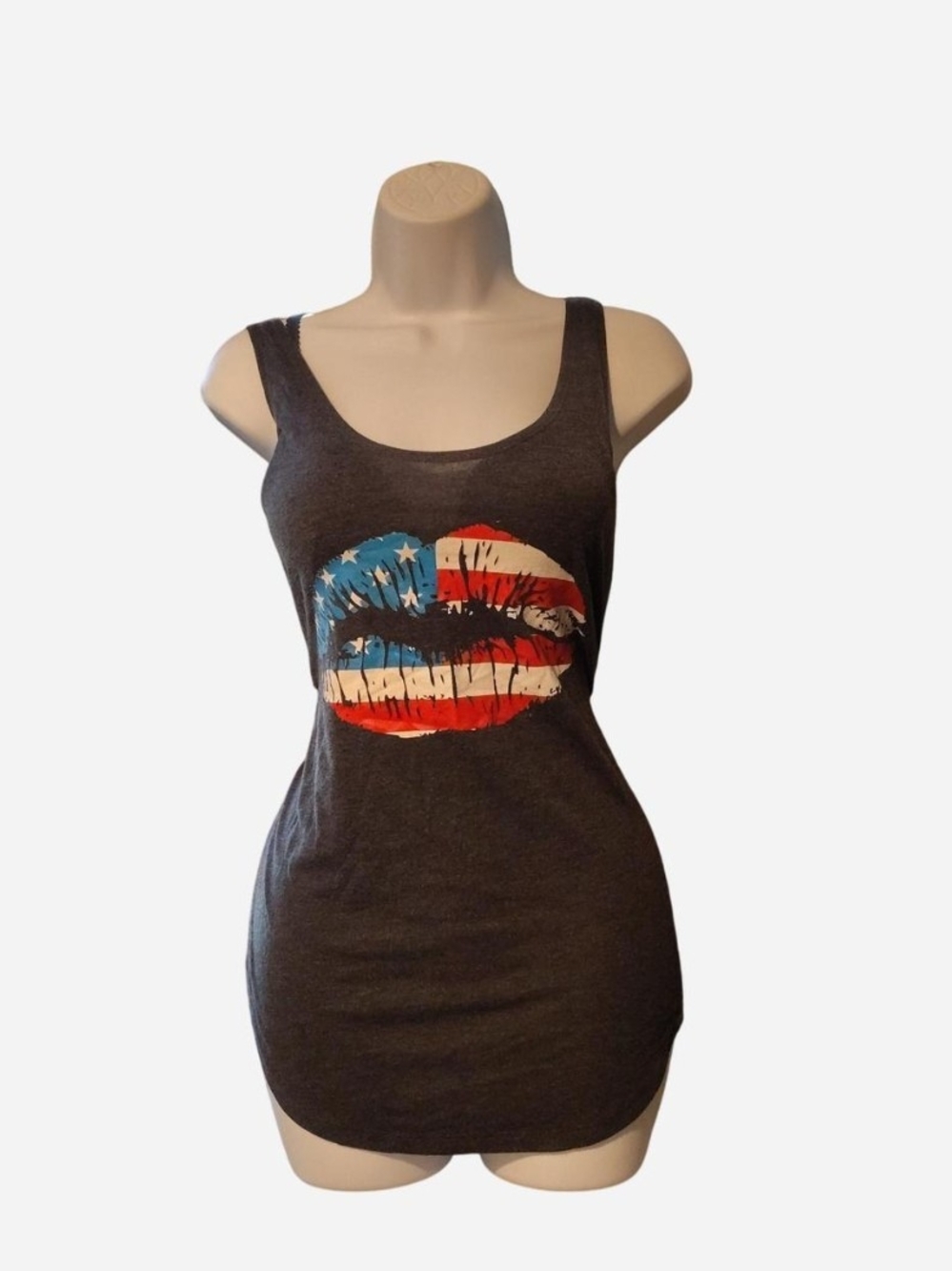 Charcoal Graphic Tank Top with American Flag Lips